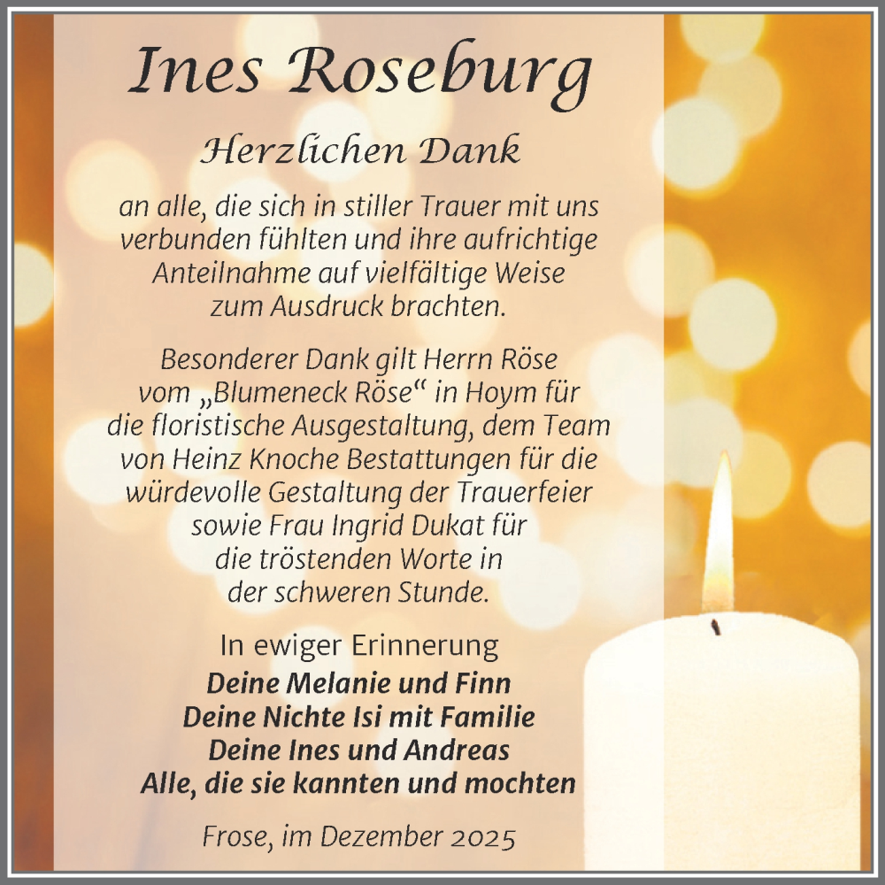  Traueranzeige für Ines Roseburg vom 20.12.2025 aus Trauerkombi Aschersleben