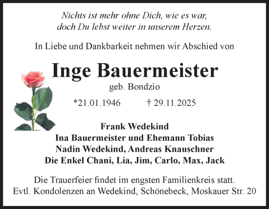 Traueranzeige von Inge Bauermeister von Volksstimme Schönebeck