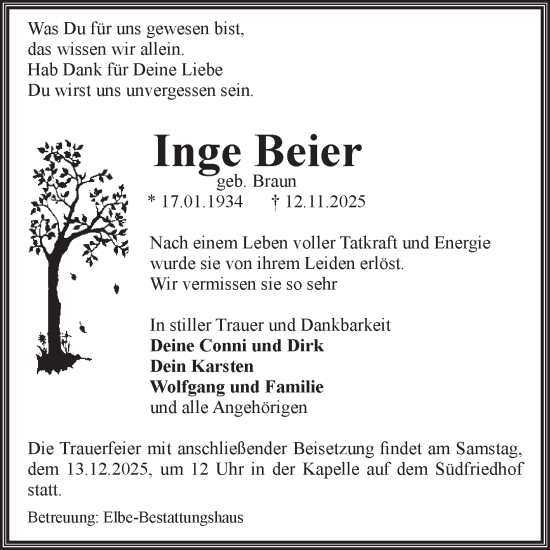 Traueranzeige von Inge Beier von Volksstimme Magdeburg