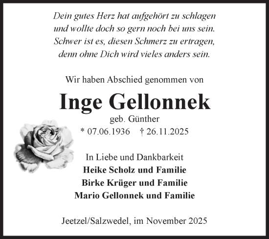 Traueranzeige von Inge Gellonnek von Volksstimme Altmark West