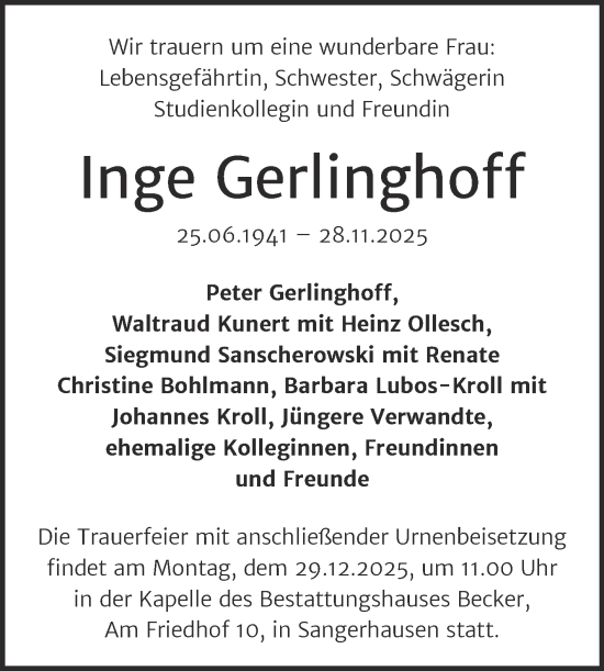 Traueranzeige von Inge Gerlinghoff von Mitteldeutsche Zeitung Sangerhausen