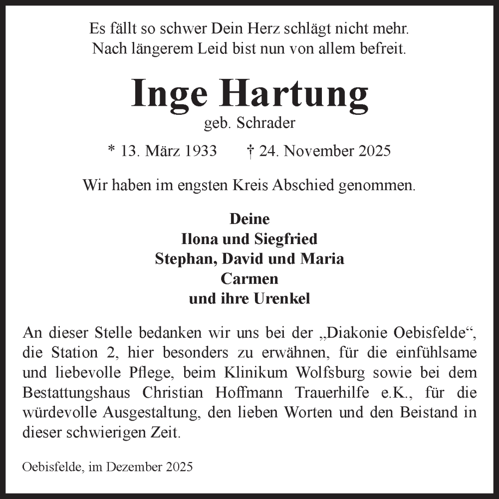  Traueranzeige für Inge Hartung vom 13.12.2025 aus Volksstimme Altmark West