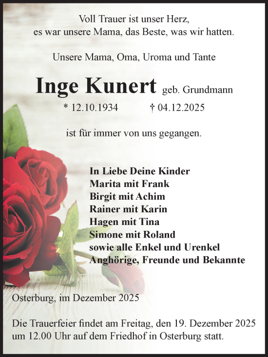 Traueranzeige von Inge Kunert von Volksstimme Altmark Ost