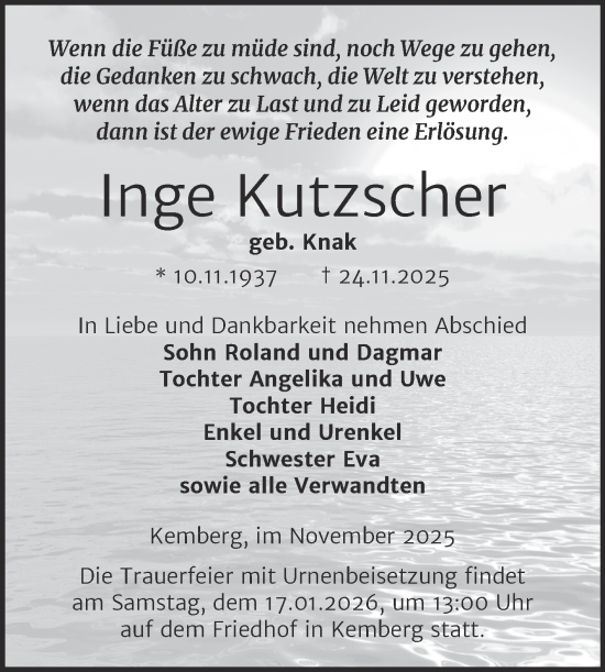 Traueranzeige von Inge Kutzscher von Trauerkombi Wittenberg
