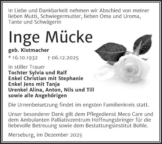 Traueranzeige von Inge Mücke von Trauerkombi Merseburg