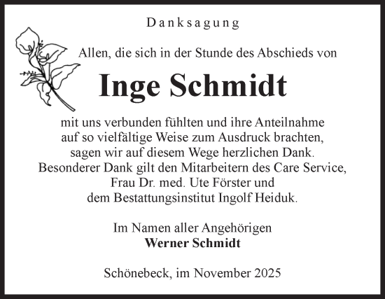 Traueranzeige von Inge Schmidt von Volksstimme Schönebeck