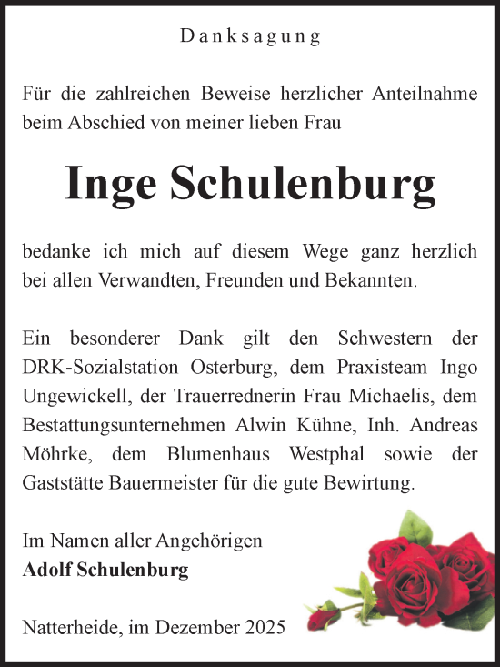 Traueranzeige von Inge Schulenburg von Volksstimme Altmark Ost