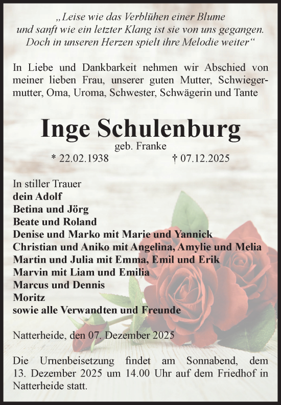 Traueranzeige von Inge Schulenburg von Volksstimme Altmark Ost