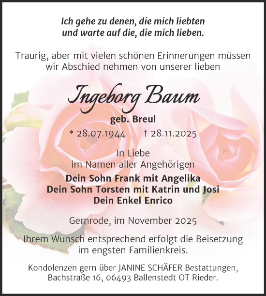 Traueranzeige von Ingeborg Baum von Trauerkombi Quedlinburg