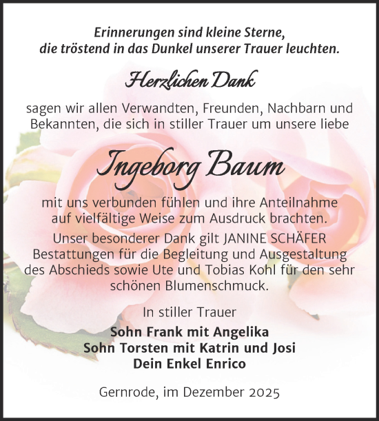 Traueranzeige von Ingeborg Baum von Trauerkombi Quedlinburg