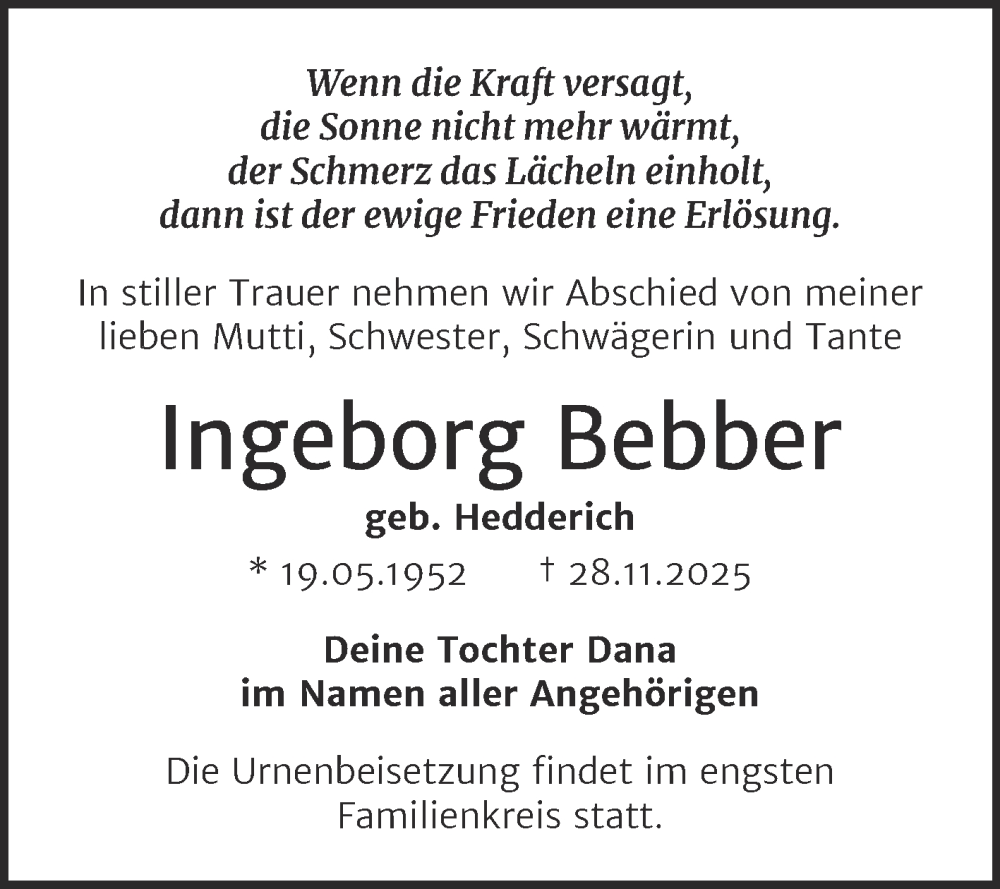  Traueranzeige für Ingeborg Bebber vom 06.12.2025 aus Trauerkombi Wittenberg