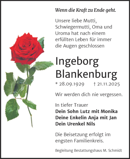 Traueranzeige von Ingeborg Blankenburg von Volksstimme Burg/Genthin