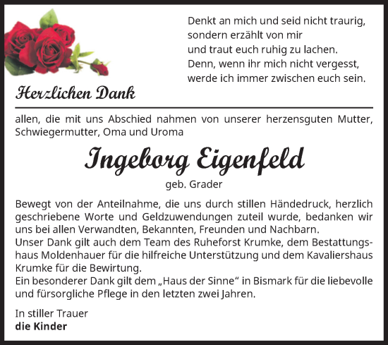 Traueranzeige von Ingeborg Eigenfeld von Volksstimme Altmark Ost