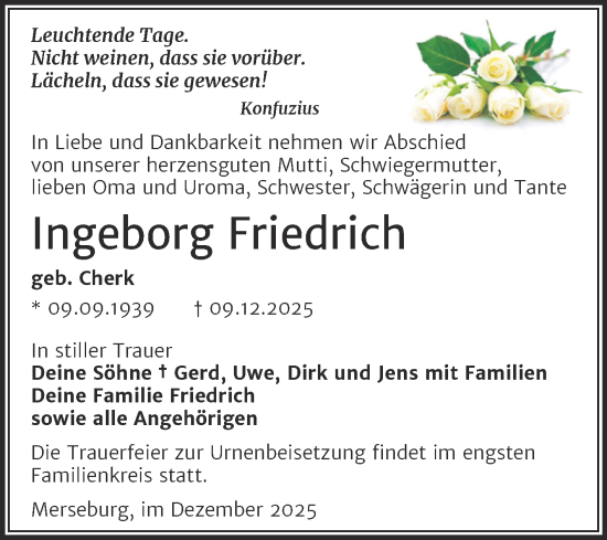 Traueranzeige von Ingeborg Friedrich von Trauerkombi Merseburg
