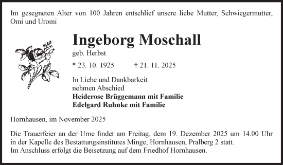 Traueranzeige von Ingeborg Moschall von Volksstimme Oschersleben/Wanzleben