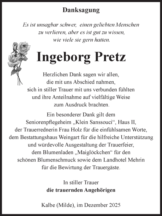 Traueranzeige von Ingeborg Pretz von Volksstimme Altmark West