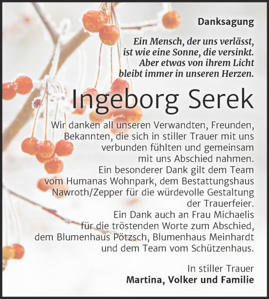 Traueranzeige von Ingeborg Serek von Trauerkombi Bitterfeld