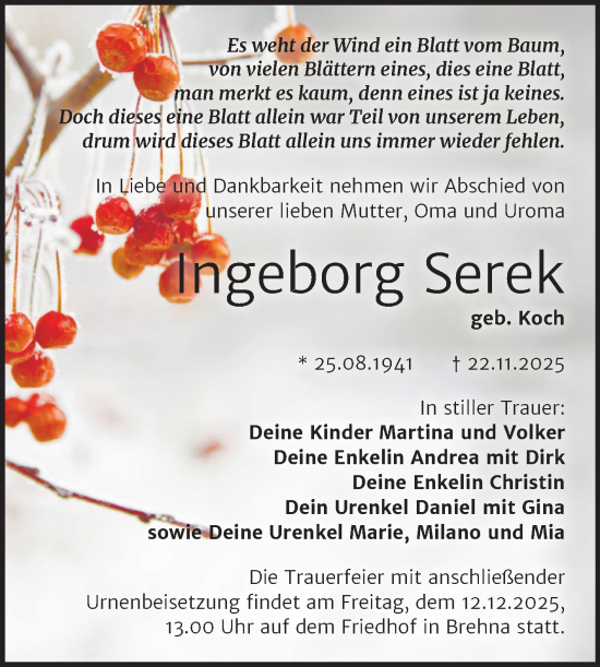 Traueranzeige von Ingeborg Serek von Trauerkombi Bitterfeld