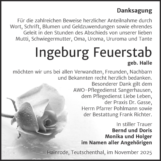Traueranzeige von Ingeburg Feuerstab von Trauerkombi Sangerhausen