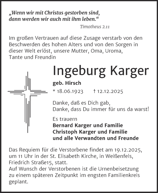 Traueranzeige von Ingeburg Karger von Mitteldeutsche Zeitung Weißenfels