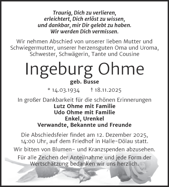 Traueranzeige von Ingeburg Ohme von Mitteldeutsche Zeitung Halle/Saalkreis