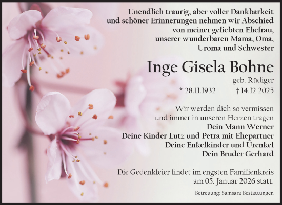Traueranzeige von Inge Gisela Bohne von Volksstimme Magdeburg