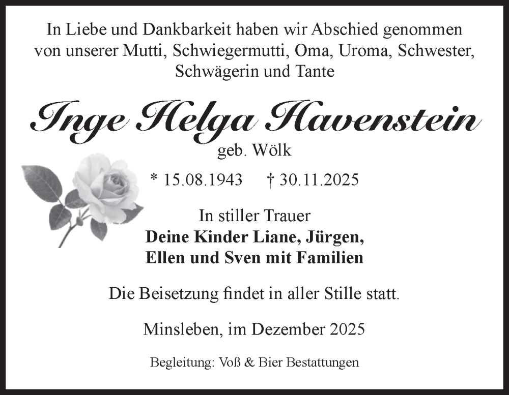  Traueranzeige für Inge Helga Havenstein vom 06.12.2025 aus Volksstimme Wernigerode