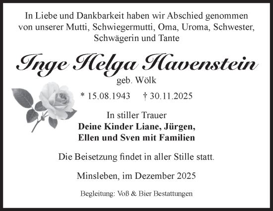 Traueranzeige von Inge Helga Havenstein von Volksstimme Wernigerode