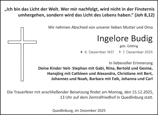 Traueranzeige von Ingelore Budig von Mitteldeutsche Zeitung Quedlingburg