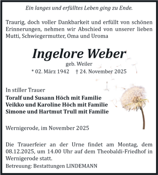 Traueranzeige von Ingelore Weber von Volksstimme Wernigerode