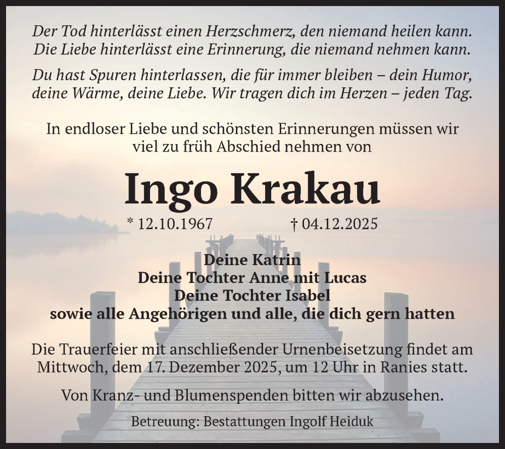  Traueranzeige für Ingo Krakau vom 06.12.2025 aus Volksstimme Schönebeck