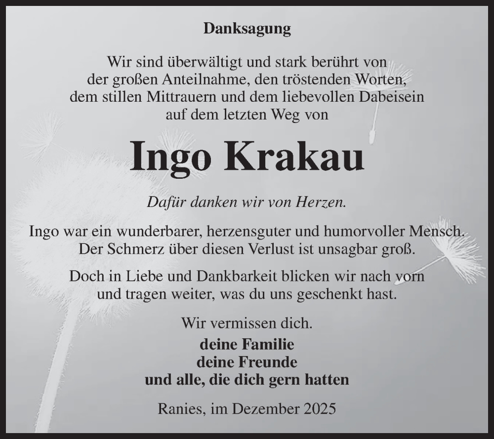  Traueranzeige für Ingo Krakau vom 20.12.2025 aus Volksstimme Schönebeck