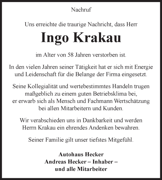 Traueranzeige von Ingo Krakau von Volksstimme Schönebeck