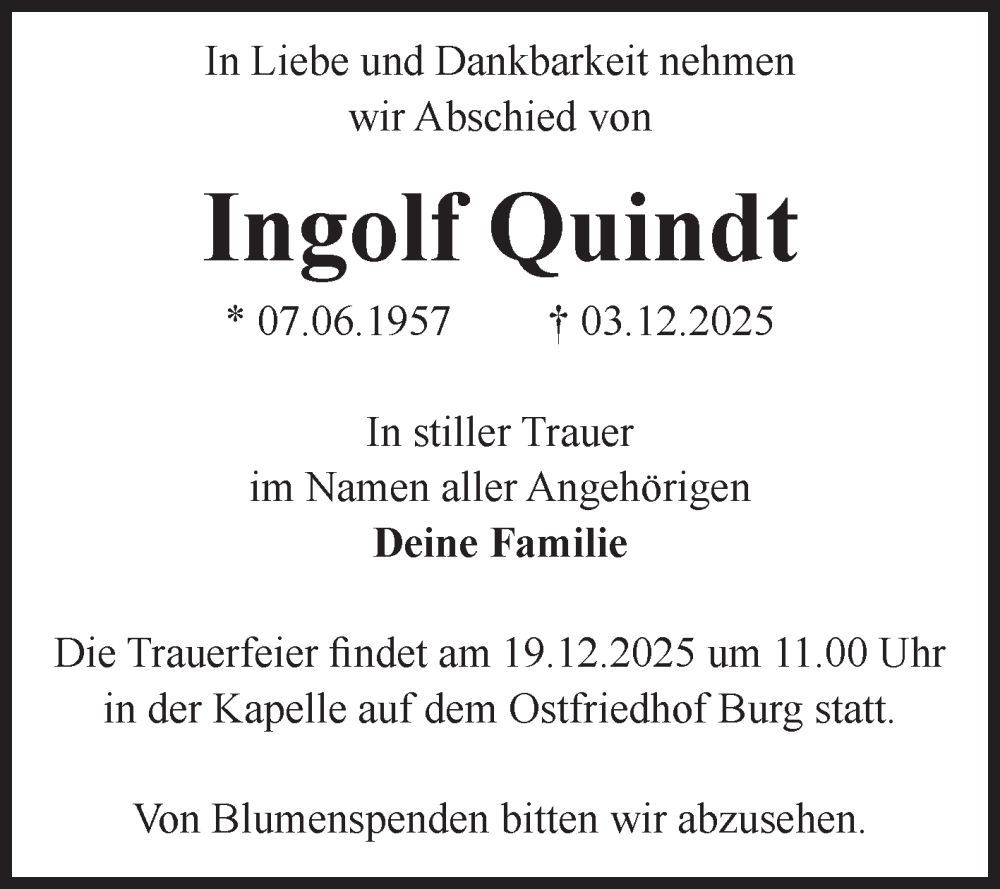  Traueranzeige für Ingolf Quindt vom 13.12.2025 aus Volksstimme Burg/Genthin