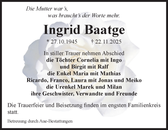 Traueranzeige von Ingrid Baatge von Volksstimme Magdeburg