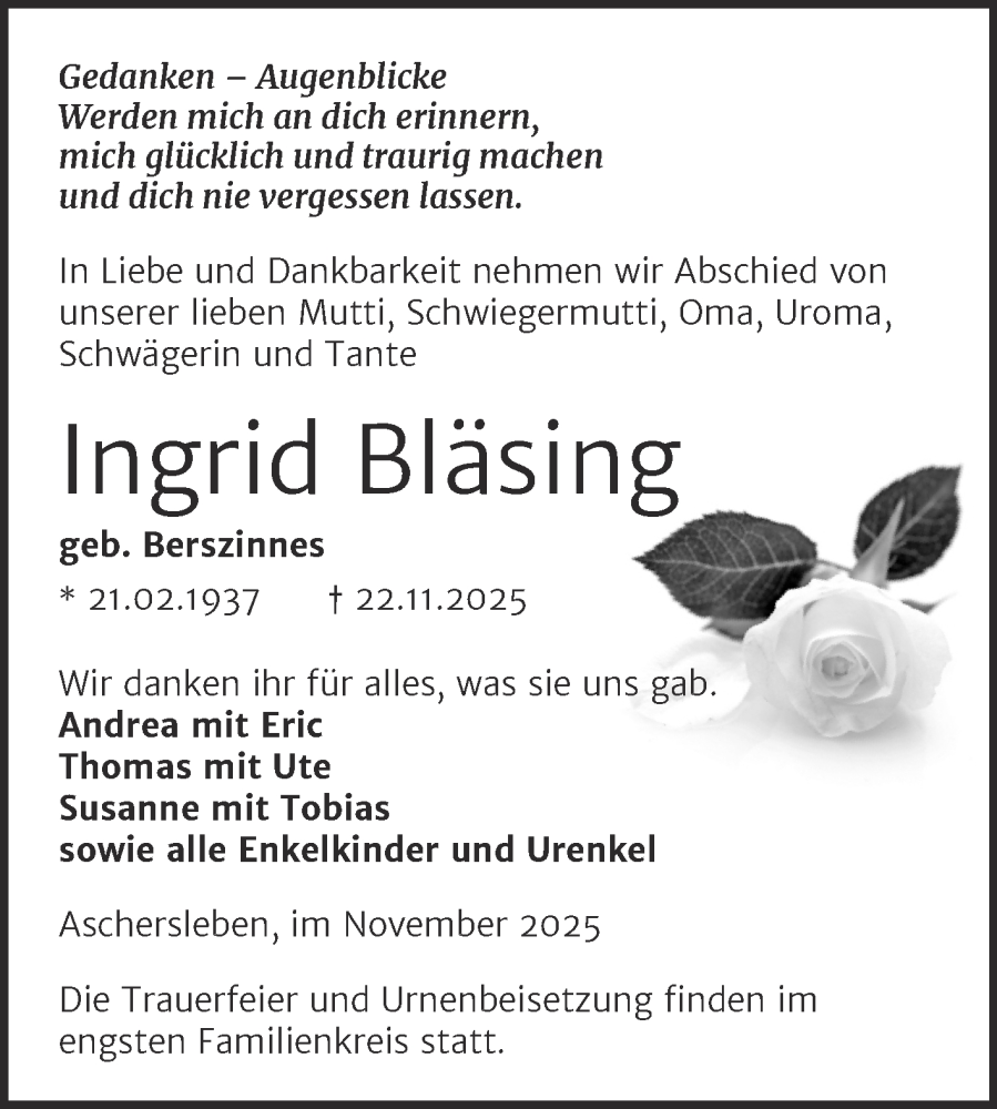  Traueranzeige für Ingrid Bläsing vom 29.11.2025 aus Trauerkombi Aschersleben