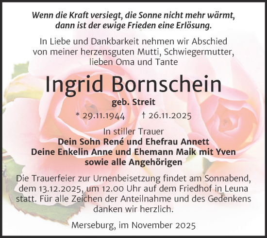Traueranzeige von Ingrid Bornschein von Trauerkombi Merseburg