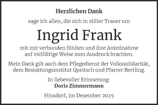 Traueranzeige von Ingrid Frank von Trauerkombi Köthen