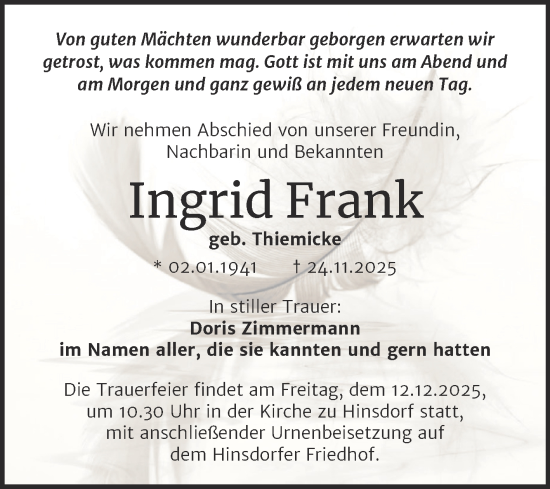 Traueranzeige von Ingrid Frank von Trauerkombi Köthen