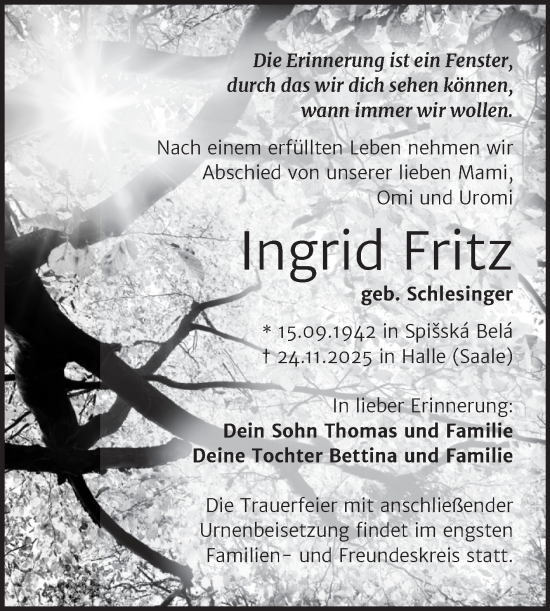 Traueranzeige von Ingrid Fritz von Mitteldeutsche Zeitung Halle/Saalkreis