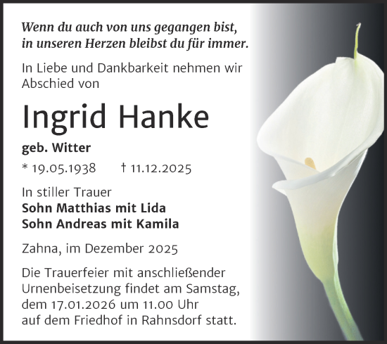 Traueranzeige von Ingrid Hanke von Trauerkombi Wittenberg
