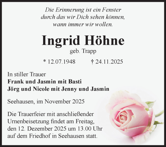 Traueranzeige von Ingrid Höhne von Volksstimme Altmark Ost