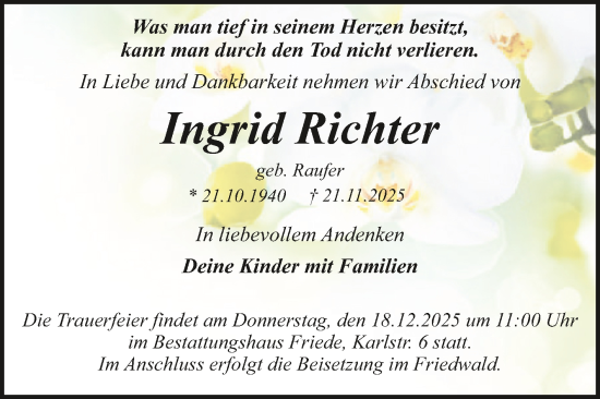 Traueranzeige von Ingrid Richter von Trauerkombi Dessau
