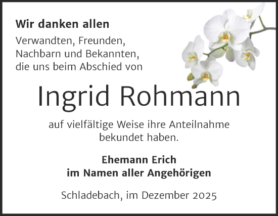 Traueranzeige von Ingrid Rohmann von Trauerkombi Merseburg