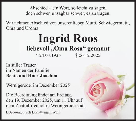 Traueranzeige von Ingrid Roos von Volksstimme Wernigerode