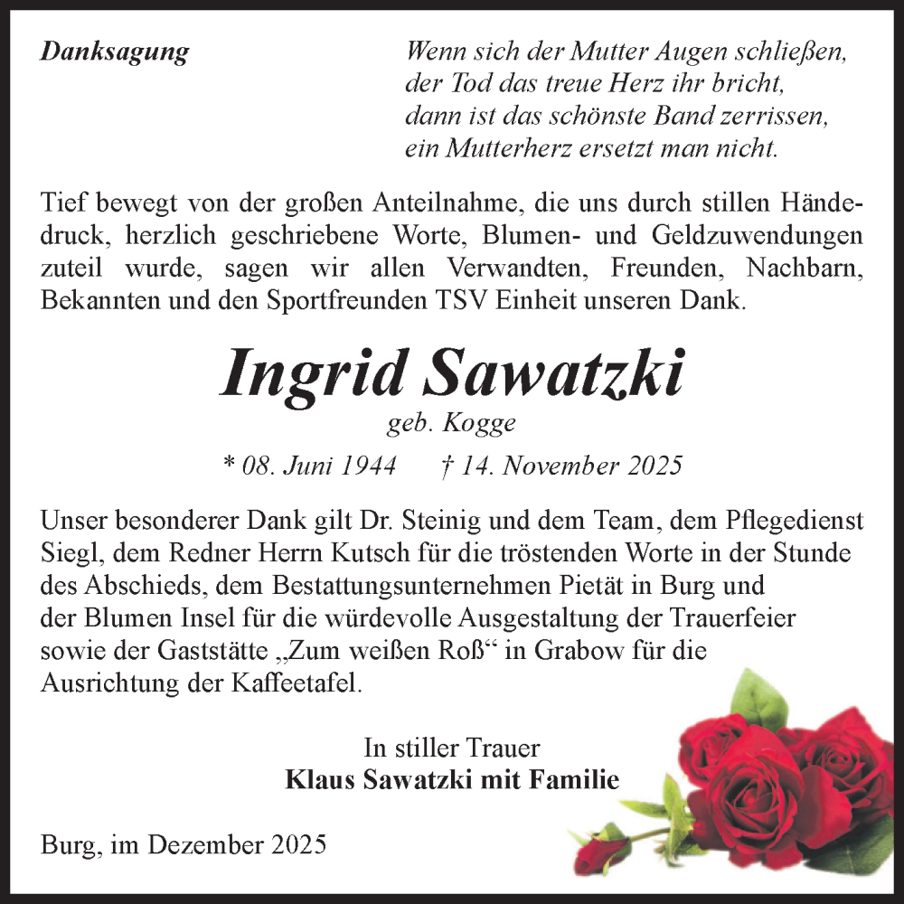  Traueranzeige für Ingrid Sawatzki vom 13.12.2025 aus Volksstimme Burg/Genthin