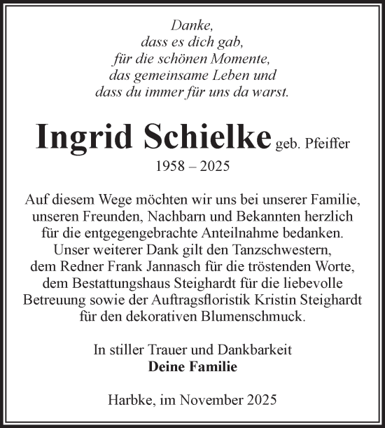 Traueranzeige von Ingrid Schielke von Volksstimme Oschersleben/Wanzleben