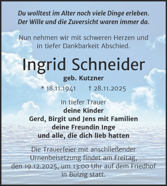 Traueranzeige von Ingrid Schneider von Trauerkombi Wittenberg