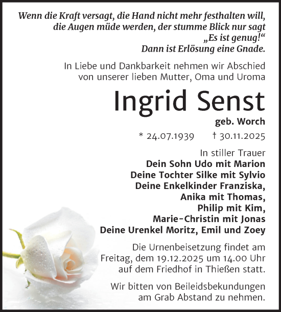 Traueranzeige von Ingrid Senst von Trauerkombi Wittenberg