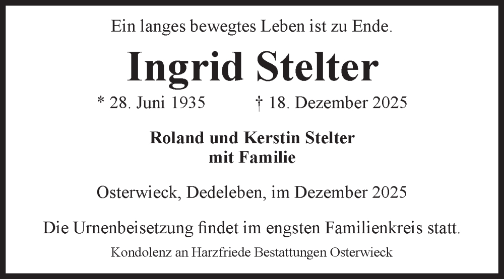  Traueranzeige für Ingrid Stelter vom 20.12.2025 aus Volksstimme Halberstadt